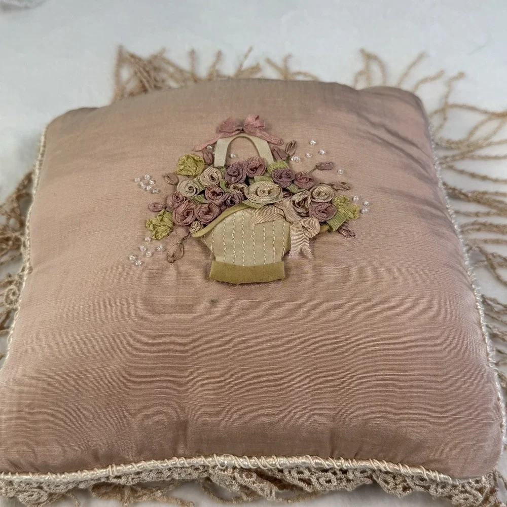 Vintage Boudoir Pillow Pair Ribbonwork Roses Lace Crochet Victorian Style
